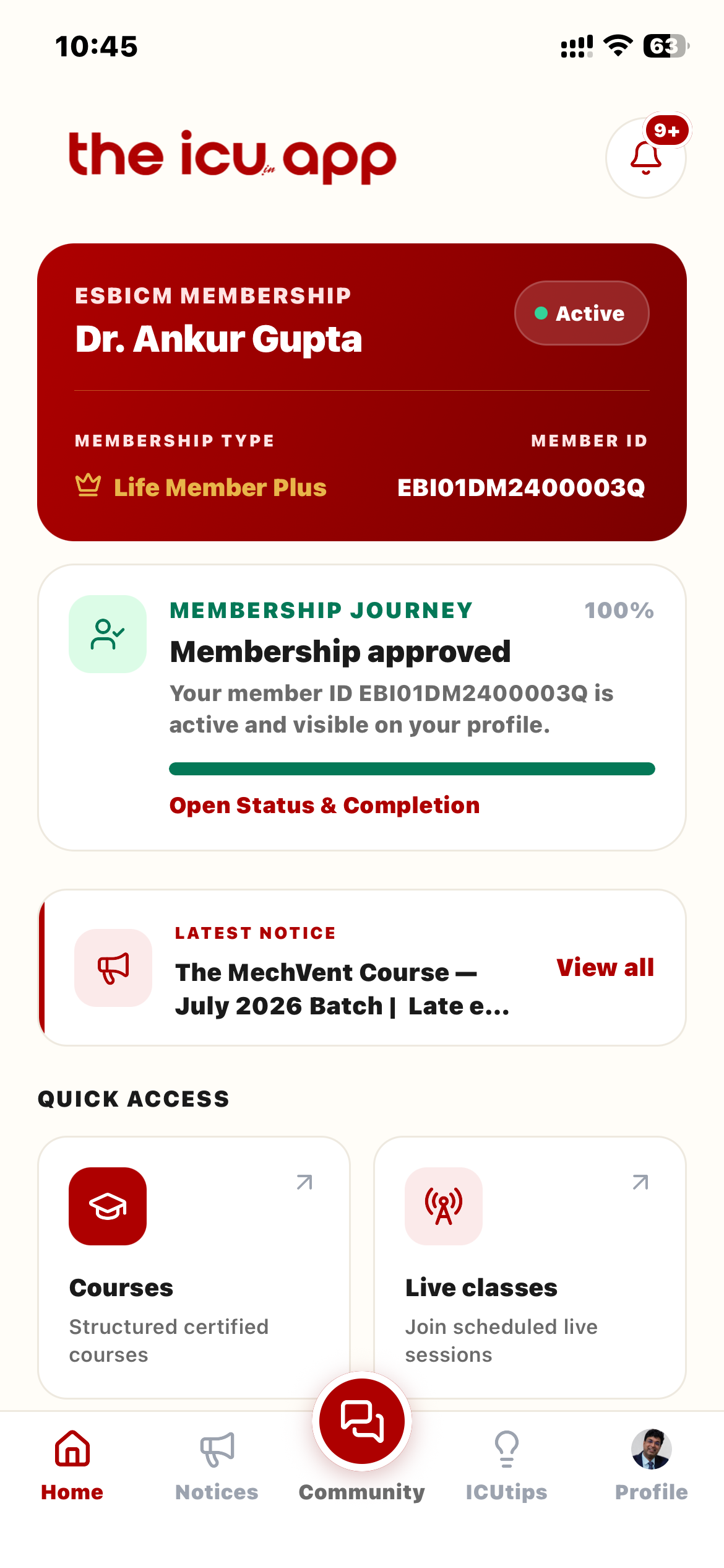 The ICU App on iPhone — member dashboard